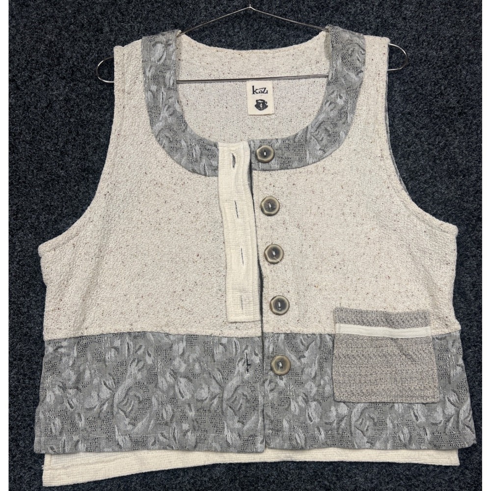 Vintage Kozi 90's Mixed Media Button Up Sweater Vest Lace Trim Cream Grey Small